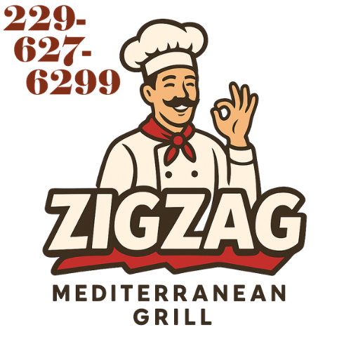 ZigZag Mediterranean Grill logo with smiling chef making OK hand gesture.